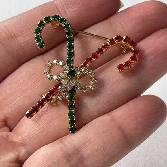 Christmas Candy Cane Rhinestone Brooch Pin With Gold-Tone Finish - Picture 5 of 5